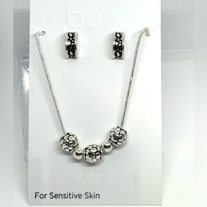 BELK Silver Tone and Black Design Bead Necklace and Post Earrings